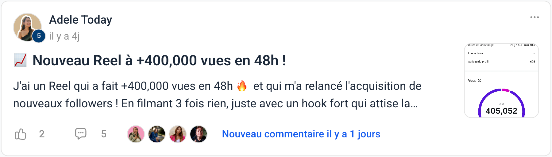 Témoignage de Adele : nouveau Reel à +400 000 vues en 48h